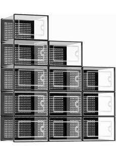 lot 14609 image: Kuject Large Shoe Organizer Storage Boxes for Closet, Fit Size 11, Clear Plastic, Black, 12 Pack