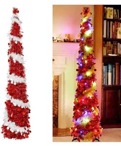 lot 20935 image: AerWo Pop up Tinsel Christmas Tree, 5 Ft Skinny Pencil Christmas Tree with Lights, PreLit Red Artificial Christmas Tree with 60 Led Color Light