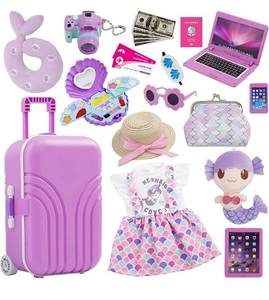 lot 20944 image: Srua Don 18 Inch Doll Suitcase Travel Luggage Play Set, 18 Doll Mermaid Theme Travel Carrier Storage Accessories for 18inch Doll, Include Case Doll Clothes Hat Sunglasses Camera Pillow Toy Pet, etc