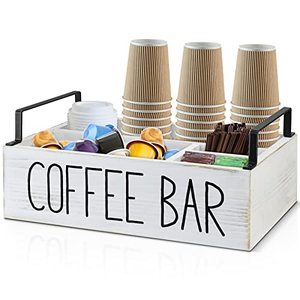 lot 26672 image: Coffee Station Organizer, Wooden Coffee Bar Accessories Organizer for Counter, Farmhouse Kcup Coffee Pod Holder Storage Basket with Handle, Coffee Bar Organizer Station for Coffee Bar Decor White