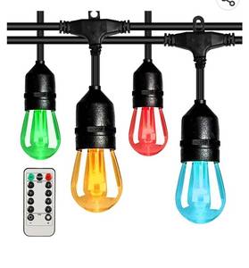 lot 26674 image: Outdoor RGBW String Lights, 48FT Outdoor Patio Lights with 15 E26 S14 Edison Glass Bulbs, FCC Certified, Commercial Grade Dimmable String Lights for Bistro Backyard Garden, Remote Controllers