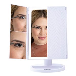 lot 26680 image: Oizeir Makeup Mirror with Lights Natural Soft Light, Adjust Brightness, 3X Magnification, USB or Battery Power, Tri-Fold  MISSING USB Charger