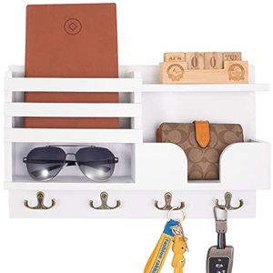 lot 26690 image: QVCILE Mail Organizer Wall Mount with Key Hooks and Wallet Holder, Key Holder for Wall with Sunglasses Storage and Dog Leash Holder, Rustic Key Racks Used in Front Door, Entryway, Mudroom(White)