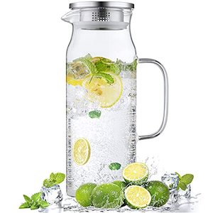 lot 26693 image: Glass Pitcher with Lid and Spout, 54 oz Glass Water Pitcher for Fridge, Glass Carafe for HotCold Water, Iced Tea Pitcher, Drink Pitcher for Coffee, Juice and Homemade Beverage
