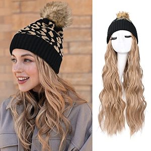 lot 26703 image: SEIKEA Wig Hats with Hair for Black Women with 20 Inch Long Soft Wavy Curly Hair Extensions Winter Warm Leopard Knit Hat Wig Beanie Synthetic Hairpiece Daily Wear BlackBrown Hat-Dark Blonde