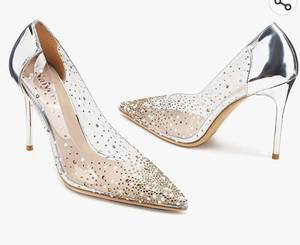 lot 26718 image: Naiyee Womens High Stiletto Heel, PVC Pumps Crystal Rhinestones 100mm Clear Heels Closed Pointed Toe Slip On Pump Wedding Party Dress Shoes Size 9