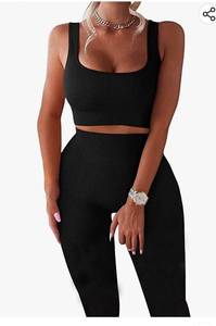 lot 26721 image: TWFRHC Womens Workout Sets Ribbed Tank 2 Piece Seamless High Waist Gym Outfit Yoga Shorts Sets Medium