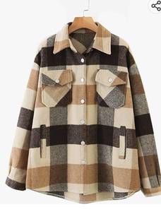 lot 26722 image: Womens Plaid Jacket Long Sleeve Lapel Button-Down Shirts Wool Blend Shacket Coat Casual Tops Outwear with Pocket Large