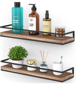 lot 31434 image: Meangood Floating Shelves Wall Mounted Set of 2, Rustic Wood Wall Storage Shelves