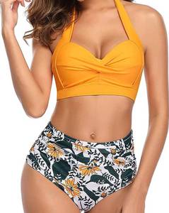 lot 31448 image: Tempt Me Women Two Piece Vintage Swimsuit Retro Halter Ruched High Waist Bikini with Bottom Color Yellow XL