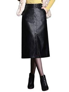lot 31450 image: ebossy Womens High Waisted A-Line Faux Leather Midi Skirt Front Slit (Medium, Black)