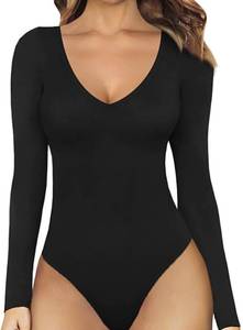 lot 31452 image: MANGOPOP Deep V Neck Short Sleeve Long Sleeve Tops Sexy Bodysuit for Women Clothing Large