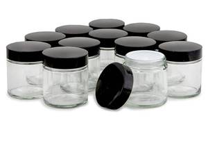 lot 31454 image: Vivaplex, 12, Clear, 4 oz, Round Glass Jars, with Inner Liners and black Lids