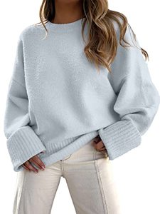 lot 31464 image: ANRABESS Womens Crewneck Long Sleeve Oversized Fuzzy Knit Chunky Warm Pullover Sweater Top 626qianlan-L Light Blue