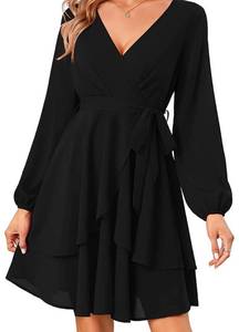 lot 31471 image: KOJOOIN Womens Skater Dresses Sexy V Neck Short Sleeve Tie Waist Solid Ruffle Boho Flowy Swing Mini Dress Smalll