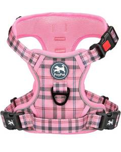 lot 31496 image: PoyPet No Pull Dog Harness, Reflective Adjustable No Choke Pet Vest with Front & Back 2 Leash Attachments, Soft Control Training Handle for Small Medium Large Dogs(Checkered Pink,S)