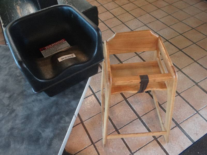 lot 126 image: Wooden High Chair and Black Plastic Booster seat