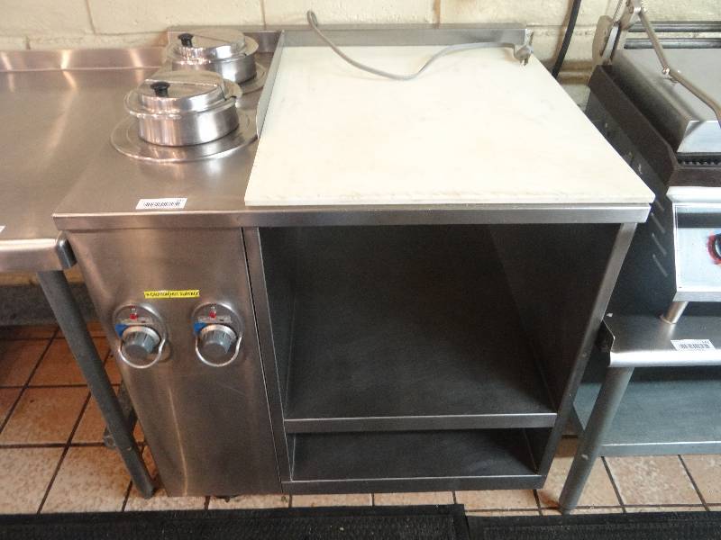 lot 141 image: WELLS Brand Electric Double Soup Well & Prep Table wCutting Board Top and Under Storage - on Wheels.