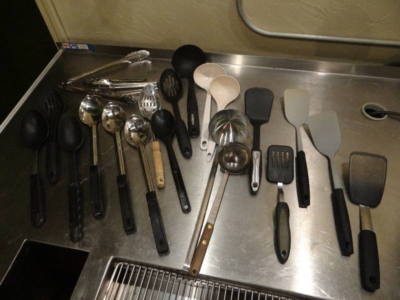 lot 168 image: Large Lot of Long Handle Spoons, Ladles, Tongs, & Spatulas.