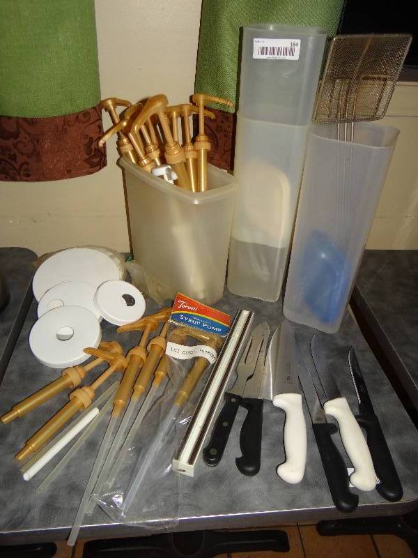 lot 184 image: Lot of Kitchen Knives, Magnetic Knife Holder, Fryer Spatula, 3 Lidded Bread Containers, & Condiment Pumpslids.