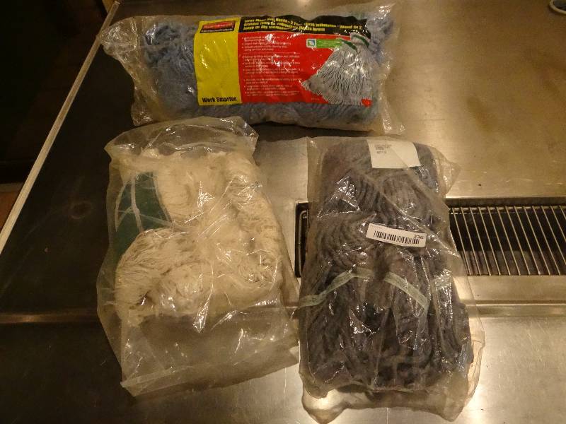 lot 236 image: 3 New Mop Heads in Packages & 1 New Dust Mop Head Cover.