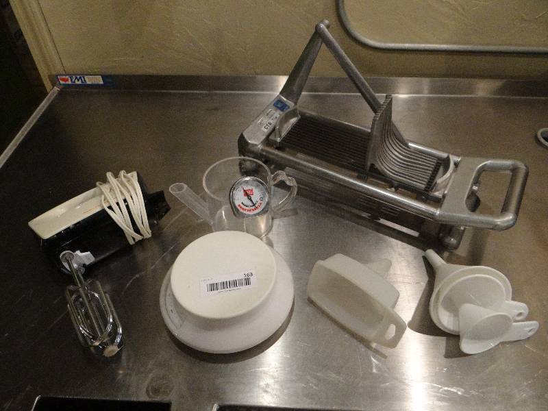 lot 163 image: Commercial Tomato Slicer, Hand Mixer, Funnels, Meat Thermometer.