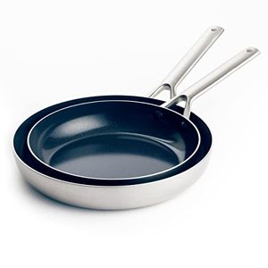 lot 25073 image: Blue Diamond Cookware Tri-Ply Stainless Steel Ceramic Nonstick, 9.5 and 11 Frying Pan Skillet Set, PFAS-Free, Multi Clad, Induction, Dishwasher Safe, Oven Safe, Silver