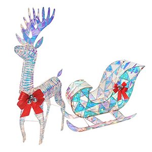 lot 25104 image: Iridescent Christmas Reindeer and Santa Sleigh Set Lighted Christmas Yard Decoration Perfect for Indoor or Outdoor Lawn Ornaments (4ft w 140 Lights) Used.