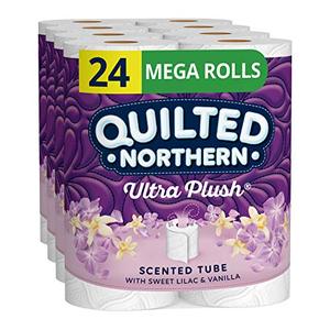 lot 25142 image: Quilted Northern Ultra Plush Toilet Paper with Sweet Lilac & Vanilla Scented Tube, 24 Mega Rolls, 3-Ply Bath Tissue