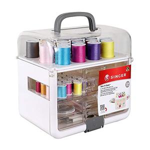 lot 25155 image: Singer Sew-It-Goes - Sewing Kit & Craft Organizer - Sewing Case Storage with Machine Sewing Thread, White, BOTTOM DRAWER CRACKED