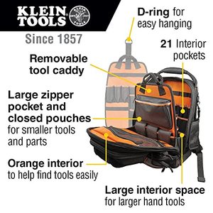 lot 25192 image: Klein Tools Tool Bag Backpack, Durable Backpack with 48 Pockets, Model 55485. Used.