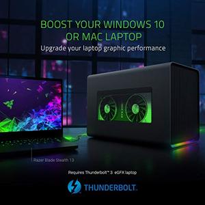 lot 25194 image: Razer Core X Chroma Aluminum External GPU Enclosure (eGPU) Compatible with Windows & MacOS Thunderbolt 3 Laptops, NVIDIA AMD PCIe Support, 700W PSU, 4x USB 3.1, 1x Gbit Ethernet, Chroma RGB, Black, Model RC21-0143. Missing Power Cord.