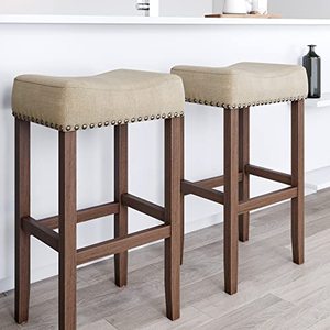 lot 25974 image: Nathan James Set of 2 Hylie Nailhead Wood Pub-Height Kitchen Counter Barstools 29, BeigeLight Brown, Not Complete.