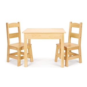 lot 25975 image: Melissa & Doug Solid Wood Table and 2 Chairs Set - Light Finish Furniture for Playroom. (Not Complete)