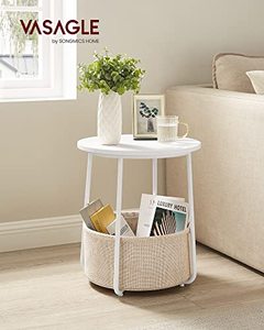 lot 26003 image: VASAGLE Small Round Side End Table, Modern Nightstand with Fabric Basket, White  Beige, Not Complete.