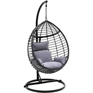 lot 6723 image: Serenelife Black Hanging Egg Indoor Outdoor Patio Wicker Rattan Lounge Chair with Stand, Steel Frame, UV Resistant Washable Cushions for Garden