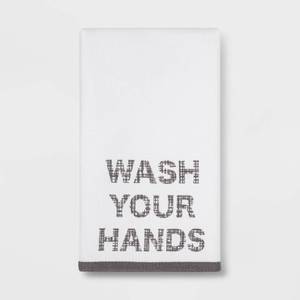 lot 40 image: Wash Your Hands Flat Woven Hand Towel WhiteGray - Room Essentials, pack of 2