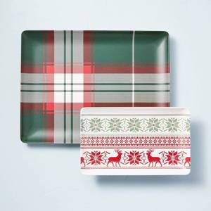 lot 141 image: 2pc Holiday Plaid & Fair Isle Bamboo-Melamine Serving Platter Set GreenRedCream - Hearth & Hand with Magnolia