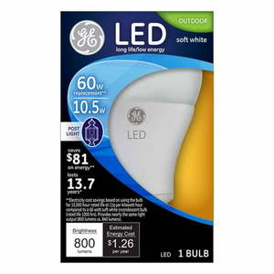lot 240 image: GE LED 10.5-Watt (60W Equivalent) Soft White Color Outdoor Post Light Bulb Dimmable E26 Medium Base 13-Year Life 1pk