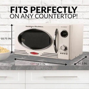 lot 14589 image: Nostalgia 0.9 Cu. ft. 800-Watt Countertop Microwave Oven Ivory RMO4IVY Retail $139.99
