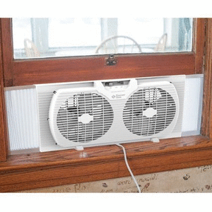 lot 14595 image: Comfort Zone 9 Twin Window Fan with Reversible Airflow Control Auto-Locking Expanders and 2-Speed Fan Switch White