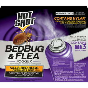 lot 14668 image: Hot Shot Bedbug & Flea Fogger Killer with Nylar to Regulate Flea Growth 2 Ounce Cans 3 Pack