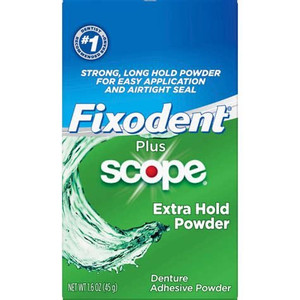 lot 14674 image: Fixodent Extra Hold Denture Adhesive Powder plus Scope (Pack of 4)