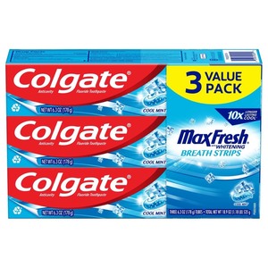 lot 14677 image: Colgate Max Fresh with Whitening Toothpaste with Mini Breath Strips, Cool Mint Toothpaste for Bad Breath, 6.3 Oz Tube. 3 Pack