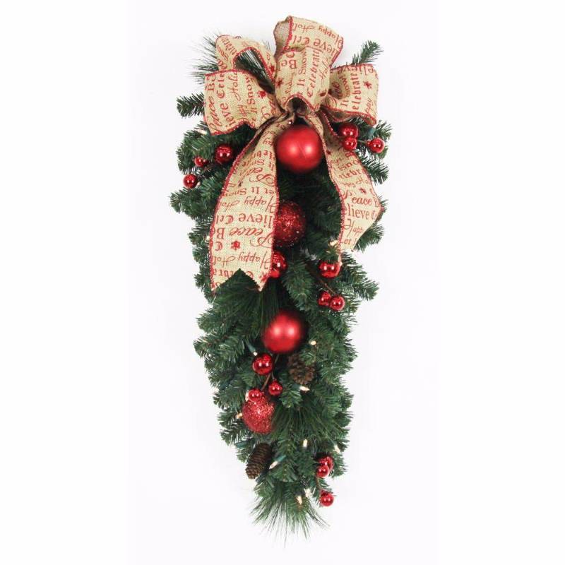 lot 4042 image: Generic Unbranded 32 in. Pre-Lit Holiday Teardrop Swag with Jeweled Burlap Ribbon Bow and 35 Battery Operated LED Lights BOWOTHD153E