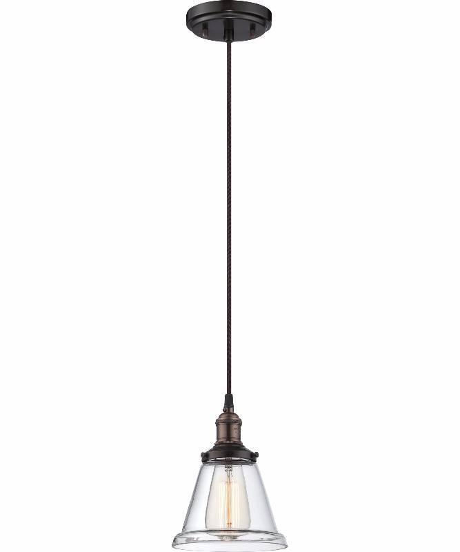 lot 4392 image: Nuvo Lighting 605502 Vintage Incandescent One Light Pendant Clear Glass with Step Rustic Bronze