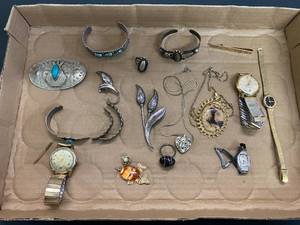 lot 1526 image: Vintage Jewelry- Duchess Watch, Timex 21, Sterling Broach,  Navajo Turquoise & Sterling Silver 3 Stone Cuff Bracelet, and More