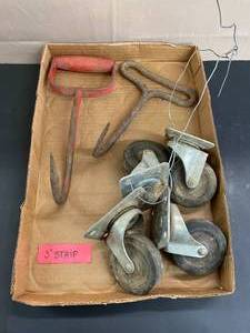 lot 1532 image: Vintage Hay Hooks (2), 3 Caster Wheels (4)