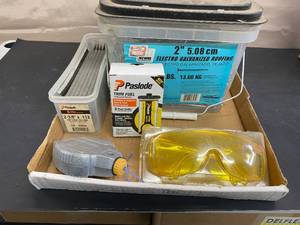 lot 1548 image: 2 Electro Galvanized Roofing Nails, Paslode Trim Fuel, Paslode 2-38x.113 Full Head Ring Shank, and More