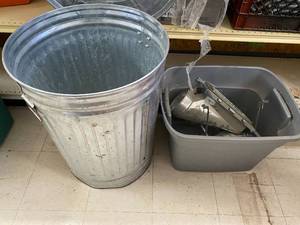 lot 1581 image: Metal Trash Can (No Handle for Lid), Light Fixture, and Duct Vent